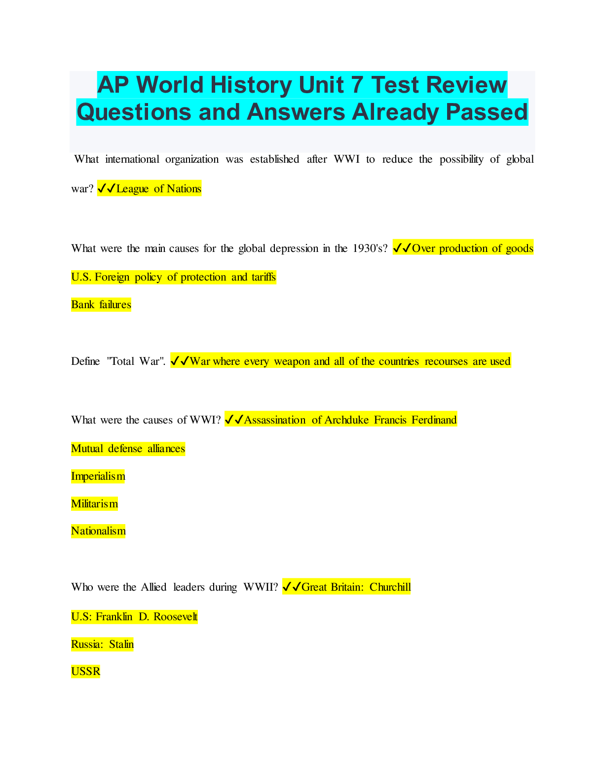 Preview of AP World History Unit 7 Test Review Questions and Answers Already Passed